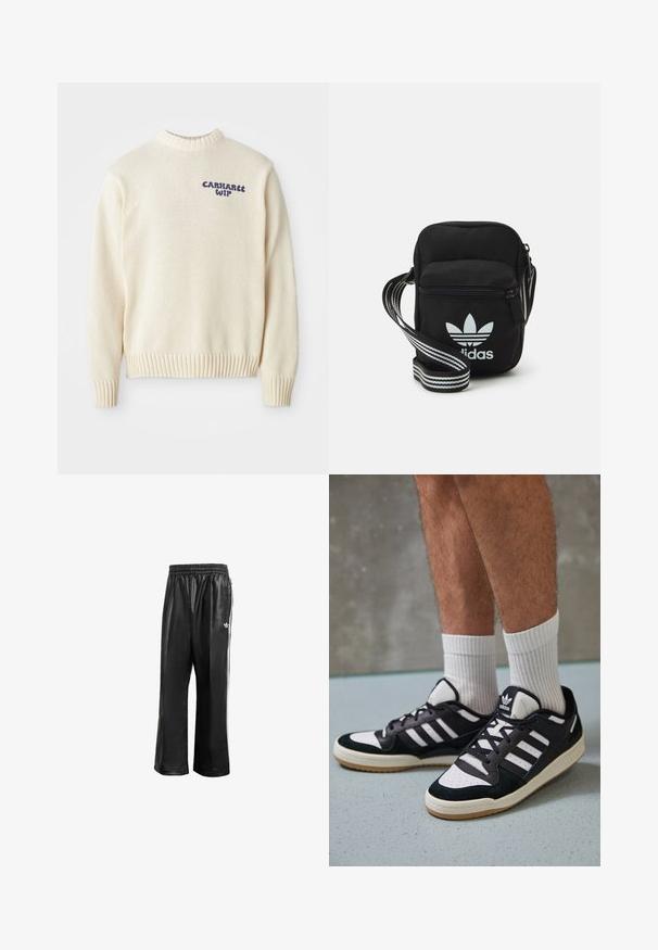 Pulover tricotat crem, cu guler rotund, manșete și tiv cu nervuri, având logo-ul albastru "Carhartt WIP" pe față. Material texturat.; Pantaloni de trening sintetici negri cu talie elastică, având dungi albe pe laturi și un mic logo alb pe şoldul stâng.; Adidași negri și albi cu un superior din suede și piele, prevăzuți cu trei dungi albe, un vârf perforat și o talpă din cauciuc caramel.; Geantă de umăr din material textil negru, cu închidere cu fermoar, având un logo Adidas alb și o curea ajustabilă cu dungi pentru o transportare ușoară.