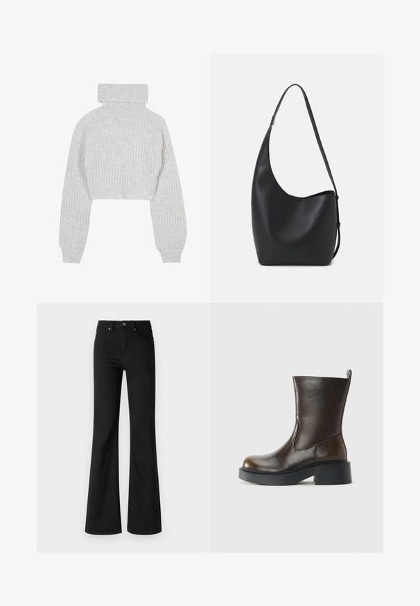 Svetlo sivi, skrajšan pleten pulover z visokim ovratnikom, širokimi rokavi in teksturiranim rebrastim vzorcem. Mehka tkanina z rahlo ohlapnim krojem.; Črne flare jeans hlače iz denima z visokim pasom, ki imajo pet žepov, sprednji gumb in zadrgo, gladka tekstura.; Temno rjave usnjene čevlje do sredine meč z zaobljenim nosom, debelim črnim podplatom, nizkim blokastim petam in zanko za pomoč pri obuvanju na zadnji strani.; Črna usnjena hobo torba z gladko teksturo, ukrivljeno obliko in eno nastavljivo naramnico; ima širok odprtina na vrhu.