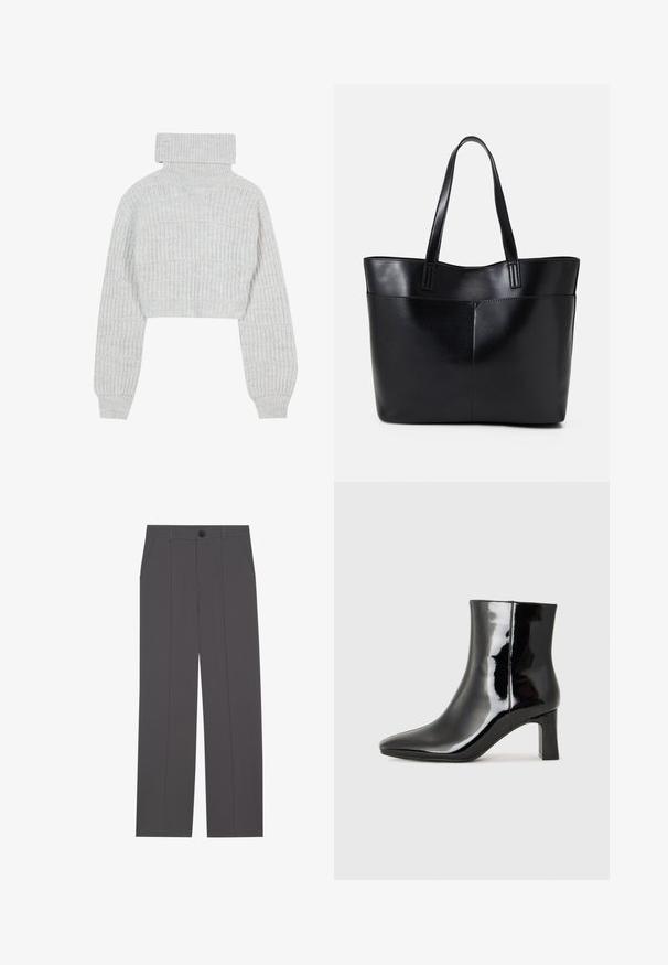 Hellgrauer, kurz geschnittener Strickpullover mit hohem Rollkragen, weiten Ärmeln und strukturiertem Rippmuster. Weiches Material mit einem leicht lockeren Sitz.; Graue Hose im geraden Schnitt, mit zwei seitlichen Taschen und einem Knopfverschluss. Glattes Material ohne sichtbare Muster oder Akzente.; Schwarzer Lackleder-Stiefelette mit spitzer Zehe und einem mittelhohen Blockabsatz. Glatte Textur und minimalistisches Design.; Schwarze Leder-Shopper-Tasche mit zwei langen Griffen, einer glatten Textur und einer strukturierten Form. Verfügt über eine Vordertasche für zusätzlichen Stauraum.