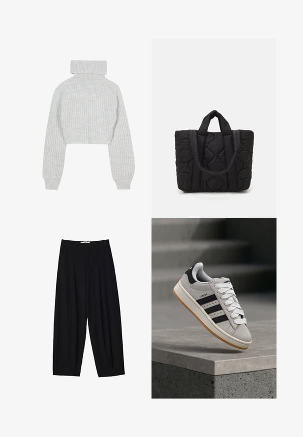 Hellgrauer, kurz geschnittener Strickpullover mit hohem Rollkragen, weiten Ärmeln und strukturiertem Rippmuster. Weiches Material mit einem leicht lockeren Sitz.; Schwarze weit geschnittene Hose aus leichtem Stoff, mit vorderen Falten, klassischem Bund und seitlichen Taschen. Angenehme Struktur.; Grauer Adidas Campus Sneaker mit schwarzen Streifen und weißen Schnürsenkeln, der über einer Betonmauer schwebt, mit Treppen im Hintergrund.; Schwarze gesteppte Tragetasche mit zwei stabilen Tragegriffen, gefertigt aus einem strukturierten Stoff mit einem Rautenmuster für Langlebigkeit und Stil.