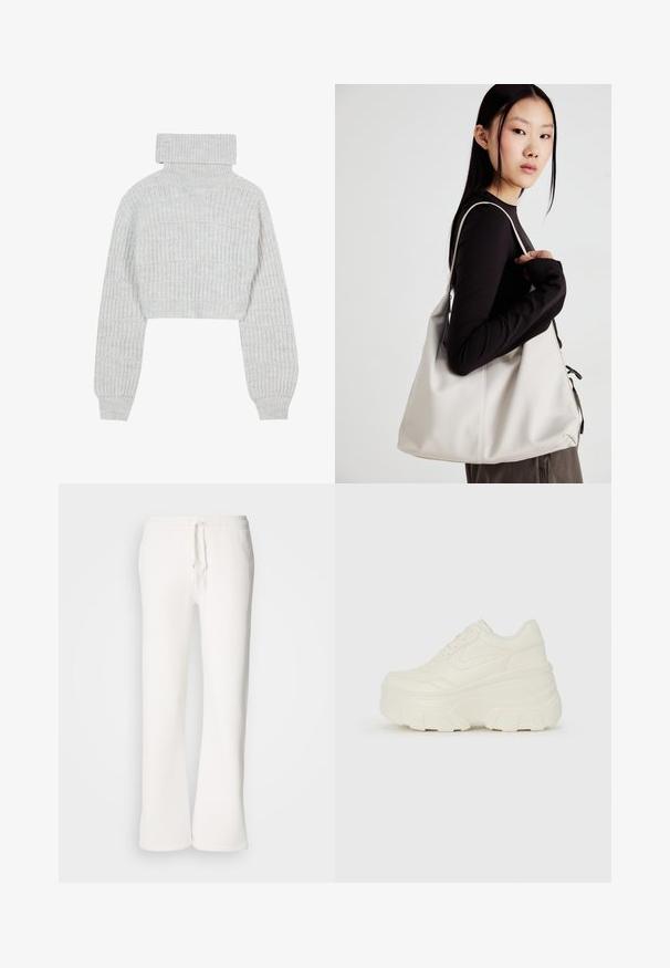 Svijetlosivi, skraćeni pleteni pulover s visokim rolom, širokim rukavima i teksturiranim rebrastim uzorkom. Mekan materijal s nešto labavim krojem.; Bijele, opuštene hlače od flisa izrađene od mekog materijala, s elastičnim pojasom i vezicom te ravnim nogavicama.; Bijele platformske tenisice s glatkim gornjim dijelom koji nalikuje koži, zaobljenim oblikom, podstavljenim okvirom i teksturiranim gumeni potplat s definiranom profilacijom.; Bežna torba od mekog materijala s opuštenim dizajnom, šivanim detaljima i dva remena za rame. Pogodna za svakodnevnu upotrebu.