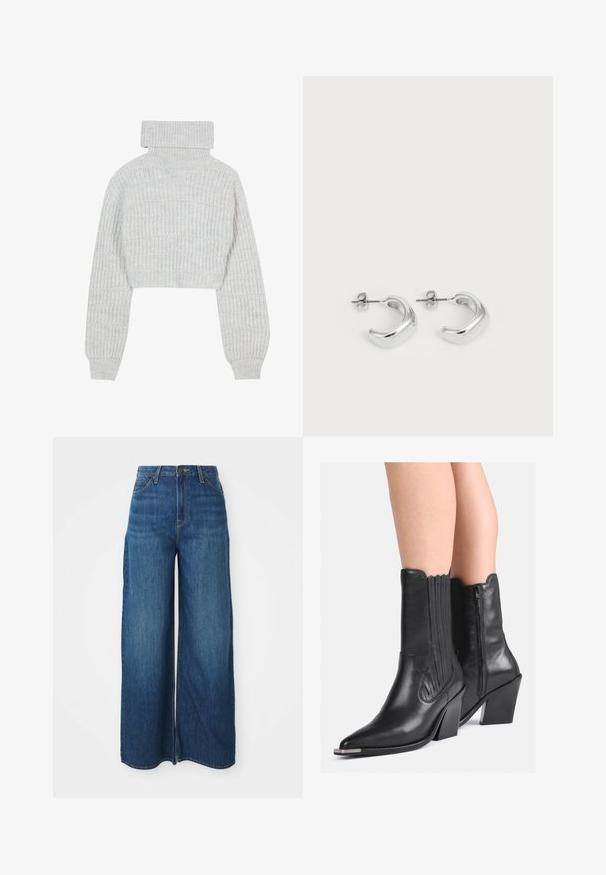 Pulover tricotat scurt, de culoare gri deschis, cu guler înalt, mâneci largi și model texturat cu nervuri. Material moale, cu o croială ușor largă.; Blugi din denim albastru, cu talie înaltă și picioare largi, cu buzunare frontale, bucle pentru curea, închidere cu button și cusături vizibile, pe un fundal alb.; Botine cowboy din piele neagră, până la jumătatea gambei, cu vârful ascuțit, toc răsturnat, fermoar pe lateral și cusături decorative, purtate pe picioare goale.; Cercei rotunzi din argint cu o finisare netedă și lustruită. Formă rotundă cu un design ușor curbat și margini armonizate. Închidere cu pini.