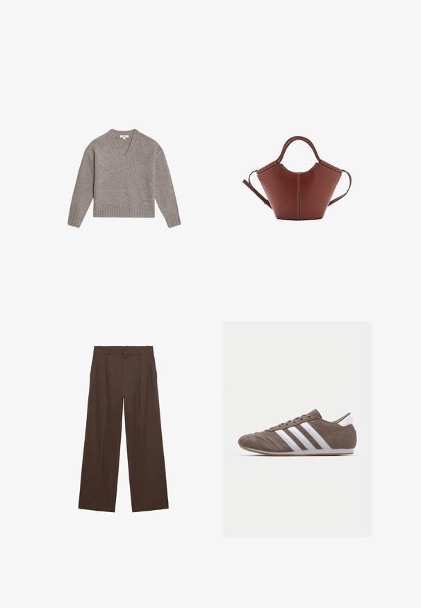 V-ringad tröja i ljusgrå, tillverkad av mjuk ullblandning. Har ribbade muddar och nederkant, med en avslappnad passform och långa ärmar.; Bruna vida byxor tillverkade av ett mjukt tyg, med hög midja, framtida veck och två sidofickor.; Bruna mockaskor för sport med vita ränder, rund tå, snörning och sula av gummigummi. Texturerad ovandel med stikningsdetaljer.; Brun läderhandväska med konisk form, robusta handtag och kontrasterande vit sömnad. Har en avtagbar axelrem för mångsidighet.