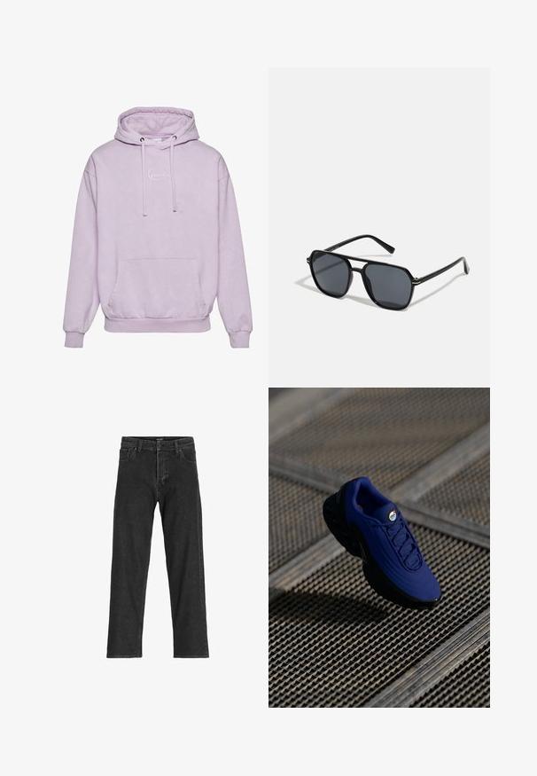 Svetlofialová mikina s kapucňou na šnúrku, prednou kapsou a bielym logom na hrudi. Vyrobená z mäkkého, štruktúrovaného materiálu.; Čierne džínsy s rovnými nohavicami, s púzdrom na zips, pútkami na opasok a šiestimi vreckami, vyrobené z pevnej zmesovej bavlny.; Modré športové topánky s textúrovaným zvrškom, čiernou podrážkou a šnúrkami. Obsahujú značku "air" na jazyku a viditeľné prvky vzduchového polstrovania.; Čierne slnečné okuliare s osemuholníkovým rámom, tmavými sklami, lesklým povrchom, tenkými rámčekmi a zlatými akcentmi na prednej strane.