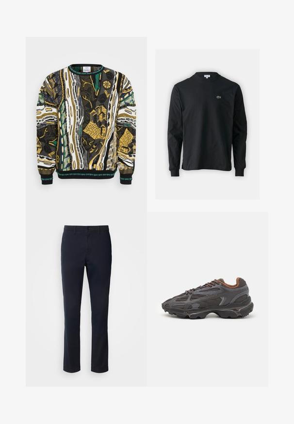 Gebreide trui met levendige abstracte patronen in zwart, wit, geel en groen. Ronde halslijn en ribgebreide manchetten maken het ontwerp compleet.; Zwarte longsleeve t-shirt van katoen, met een ronde halslijn en een klein groen geborduurd krokodillenlogo op de linkerborst.; Marineblauwe broek van een gladde stof, met een rechte pijpdesign, riemlussen en een knoopsluiting met een ritssluiting.; Lacoste sneakers in donkergrijs van mesh en synthetisch materiaal, met een gestructureerde zool en bruine accenten op de kraag en branding.