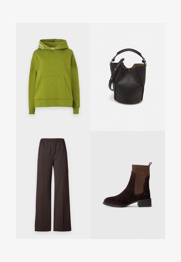 Zaļš kapuce krekls, izgatavots no mīksta auduma, ar priekšējo kabatu un baltu uzrakstu detaļu uz kapuces maliņas. Brīvas formas.; Gari pamatkrāsas tumši brūnas bikses ar elastīgu jostasvietu, kas izceļas ar gludu tekstūru un vienkāršām līnijām, nodrošinot elegantu izskatu.; Kastaniju krāsas zamša potīšu zābaki ar teksturētu brūnu ribotu adījumu, gludu virsmu, zemu blokveida papēdi un cilpu papēdī, lai vieglāk uzvilktu.; Melnas ādas spainīša somas ar teksturētu apdari, zelta metāla aksesuāriem un atvērtu augšu. Piedāvā īsu rokturi un regulējamu plecu siksnu.