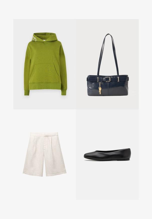Zelená mikina s kapucí vyrobená z měkké tkaniny, se přední kapsou a bílým nápisem na okraji kapuce. Volný střih.; Beige lněné šortky s širokými nohavicemi, s předními záhyby a hladkým pasem. Materiál má mírně texturovaný povrch.; Paul Smith TOPANGA - Klasické baleríny - black; Námořnická kožená kabelka s dvěma dlouhými uchy, detaily s přezkou a připevněným klíčenkou. Vyznačuje se hladkým povrchem a obdélníkovým tvarem.
