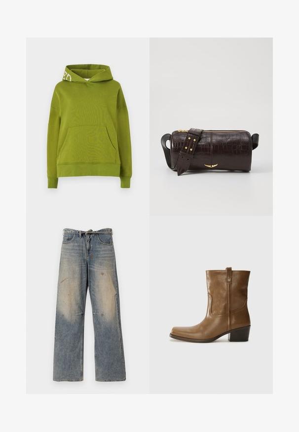 Sweater capuz verde feito de tecido macio, com um bolso frontal e detalhe de letras brancas na borda do capuz. Corte descontraído.; Jeans de ganga azul claro com um design solto e de perna reta. Apresenta desgaste, desbotamento e detalhes rasgados perto dos joelhos. Estilo clássico de cinco bolsos.; Bota de tornozelo em couro castanho com bico quadrado, acabamento texturizado e salto baixo em camadas. Apresenta uma alça na parte de trás e detalhes de costura discretos.; Bolsa de couro com textura de crocodilo na cor marrom, com forma cilíndrica, metalizações em tom dourado e uma alça destacável com tachas.