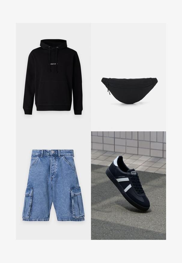 Zwarte hoodie van katoen met een voorzak, trekkoord capuchon en een klein geborduurd logo op de borst. Klassieke pasvorm met geribde boorden.; Blauwe denim cargoshorts met een hoge taille, meerdere cargozakken aan de zijkanten en een klassieke vijf-pocket stijl. Stonewashed textuur.; Zwarte leren sneaker met witte strepen, een gestructureerde rubberen zool en vetersluiting aan de voorkant. Voorzien van een merklabel op de tong.; Zwarte stof heuptas met een afgeronde vorm, voorzak met rits en een gladde textuur. Geen zichtbare patronen of accenten. Lichtgewicht ontwerp.