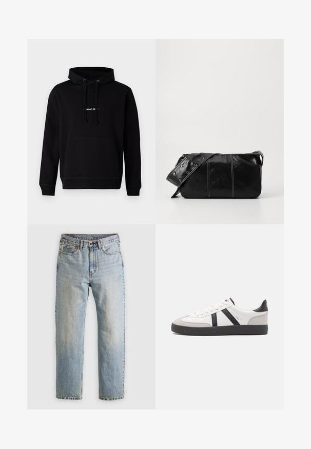 Schwarzer Hoodie aus Baumwolle mit einer Fronttasche, Kapuze mit Kordelzug und einem kleinen gestickten Logo auf der Brust. Klassische Passform mit gerippten Bündchen.; Helle blaue Jeans mit hoher Taille, Frontknopf, Reißverschluss und fünf Taschen-Design, flach auf einem neutralen Hintergrund ausgelegt.; Weiße Sneaker mit schwarz- und grau-aczenten, ausgestattet mit einer strukturierten grauen Zehenkappe, schwarzer Gummi-Sohle und flachen weißen Schnürsenkeln. Sauberes Design, minimalistische Stil.; Schwarze Leder Schultertasche mit Reißverschluss, ausgestattet mit einer strukturierten Oberfläche, weißen Nähten und einem Tragegurt mit silbernen Ösen.