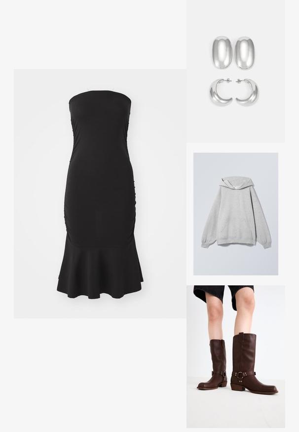 Pulover gri cu glugă, croi oversized, umeri lăsați, buzunar mare în față, manșete și tiv ribbdate, fabricat dintr-un amestec moale de bumbac.; Rochie neagră fără bretele, confecționată dintr-un material elastic, cu volane pe laterale și o margine evazată. Textură fină cu o siluetă ajustată.; Cizme din piele maro, până la genunchi, cu vârf rotunjit, suprafață texturată, curea la gleznă și detalii din metal argintiu; toc înălțat.; Set de cercei argintii: două stud-uri ovale și două cercuri în formă de semilună, având un finisaj lucios și neted și un design rotunjit.