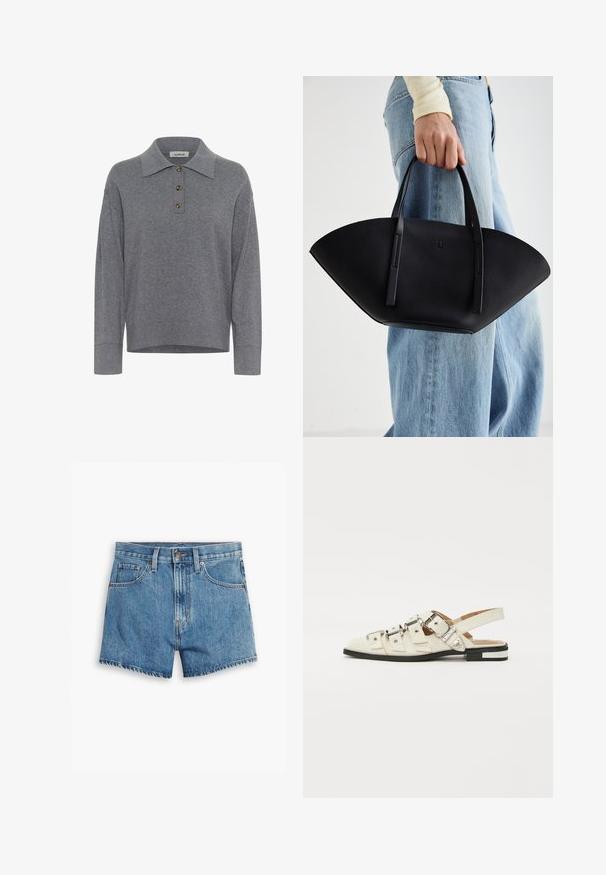 Szary sweter dzianinowy z długim rękawem, z kołnierzykiem i trzema brązowymi guzikami na przodzie, oznaczony etykietą "soaked".; Biała bezrękawnik z okrągłym dekoltem. Wykonana z gładkiego materiału, ma luźny krój i minimalistyczny design. Bez wzorów ani akcentów.; Jasnoniebieskie szorty dżinsowe z pięcioma kieszeniami, z zamkiem błyskawicznym i zapięciem na guzik. Rant jest postrzępiony, a krój jest luźny.; Sandały typu slingback z białej skóry, z wieloma szerokimi paskami i srebrnymi klamrami; płaska podeszwa z małym czarnym obcasem i metalicznymi akcentami.; Czarna skórzana torebka w unikalnym kształcie wachlarza, z płaskimi uchwytami. Powierzchnia ma fakturę kamyków i minimalistyczny design.