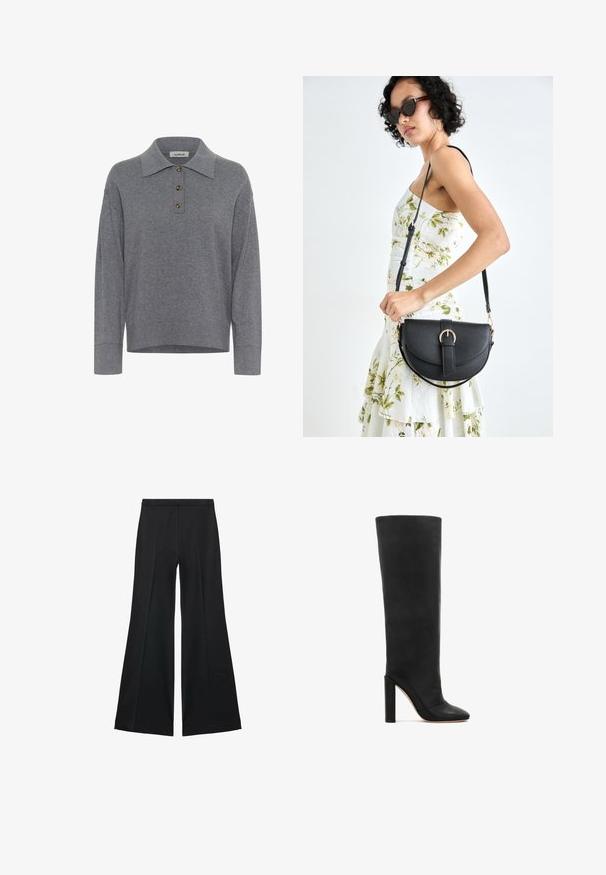 Siv dolg rokav pulover iz pletenine z ovratnikom in tremi rjavimi gumbi na sprednjem delu, označen "moker."; Bela kratka majica s kratkimi rokavi in ribanim tekstilom ter okroglim izrezom. Mehak material in sproščen kroj, ki se ponaša s preprostim dizajnom brez dodatnih vzorcev.; Črne široke hlače z gladko teksturo, ki imajo sprednje nabore in kroj po meri. Tkanina je lahka in zračna.; Črne usnjene škornje do kolen z ostrim nosom in debelim visokim peto. Gladka tekstura in minimalističen dizajn z elegantno silhueto.; Črna usnjena torbica s ukrivljeno obliko, z odstranljivo naramnico in zlatimi dodatki. Torbica ima pokrov s podrobnostmi v obliki zaponke.