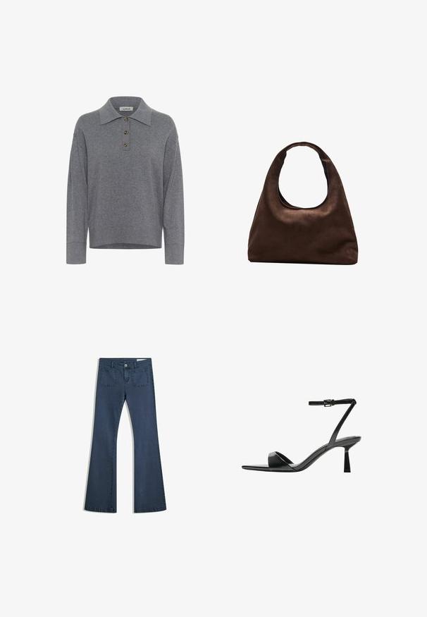 Maglione grigio a maniche lunghe in maglia con colletto e tre bottoni marroni sulla pattina anteriore, etichettato "soaked."; Jeans in denim blu scuro a fiala con tasche cucite, chiusura con bottone e una texture liscia. Presenta un classico design a cinque tasche.; Bershka Sandali con tacco - black; Borsa hobo di un morbido marrone con una sola tracolla larga e un'apertura a manico curvo, esposta su uno sfondo bianco.