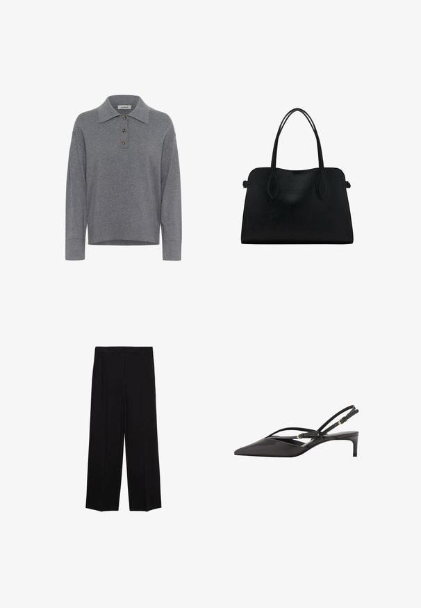 Sivi džemper s dugim rukavima od pletene tkanine s ovratnikom i tri smeđa gumba na prednjem dijelu, označen "soaked".; Crne hlače širokog kroja od glatkog materijala, s plisama sprijeda i bočnim džepovima, dizajnirane s ravnim, opuštenim krojem.; Crni kožni slingback pump s oštrom čarapom, uskim remenima oko gležnja i niskim stiletto potplatom. Glatka tekstura s minimalističkim dizajnom.; Crna kožna torba s dvostrukim naramenicama, pravokutnog oblika i minimalističkim dizajnom na bijeloj pozadini.
