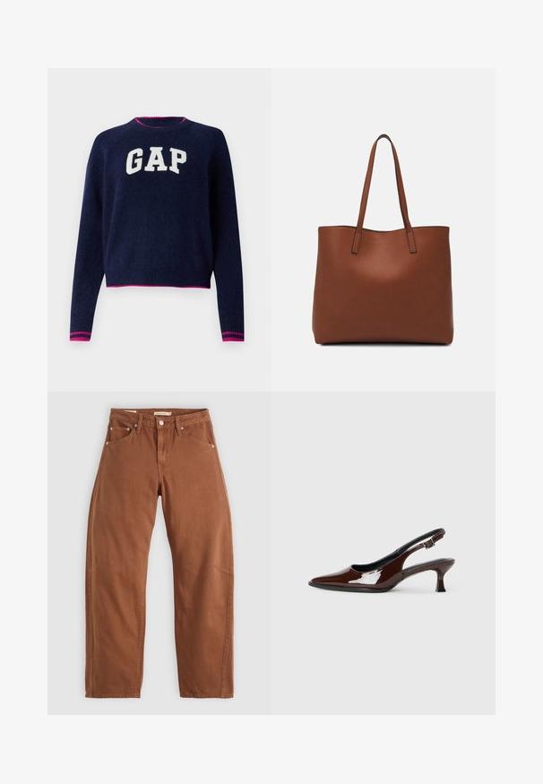 Marineblauer Strickpullover mit weißem "GAP"-Logo. Gerippter Rundhalsausschnitt und Saum mit pinken Akzentstreifen. Lange Ärmel, cropped Design. Weiche Textur.; Rostbraune gerade geschnittene Jeans mit Vorder- und Hintertaschen, Metallnieten, Knopfverschluss und Gürtelschlaufen, flach auf einem weißen Hintergrund ausgelegt.; Braune Lackleder-Slingback-Schuhe mit spitzer Zehe und moderatem Absatz. Mit einem Schnallenriemen für einen sicheren Sitz. Glatte Textur.; Braune Leder-Tote mit glatter Textur, offenem Oberteil und zwei Schulterriemen. Verfügt über minimale Nähte und keine sichtbaren Beschläge.