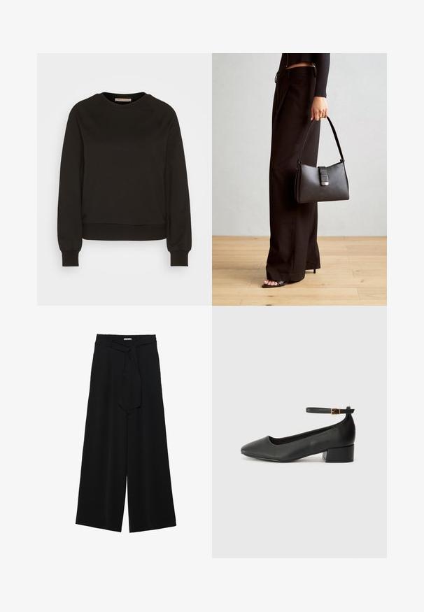 Sweatshirt preto com gola redonda, mangas raglan longas, punhos elásticos e bainha ajustada. Feito de um tecido macio, design minimalista.; Calças largas pretas com um tecido texturizado, uma cintura elástica e um laço destacável na cintura para um ajuste ajustável.; Sandal de pele preta com bico pontiagudo e um salto bloco baixo. Apresenta uma tira no tornozelo com uma fivela em tom dourado. Textura suave.; Bolsa preta com forma estruturada, textura suave e um fecho metálico. Combinada com calças largas pretas e sandálias de salto aberto sobre um chão de madeira.