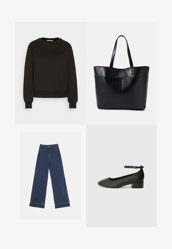 Melnā džemperis ar apaļu kakla izgriezumu, garām raglanu piedurknēm, elastīgām aprocēm un pieguļošu apakšmalu. Izgatavots no mīksta auduma, minimālistisks dizains.; Platās kājas džinsi tumši zilā denima krāsā. Iespējas: piecas kabatas, siksnu cilpas un neapstrādāta apakša ar redzamām šuvju detaļām.; Melnas ādas sūkņi ar smailu purngalu un zemu bloku papēdi. Iezīmēts ar potītes siksniņu ar zelta krāsas sprādzi. Gluda tekstūra.; Melnas ādas iepirkumu soma ar divām garām rokturām, gludu tekstūru un strukturētu formu. Iekļauj priekšējo kabatu papildu uzglabāšanai.