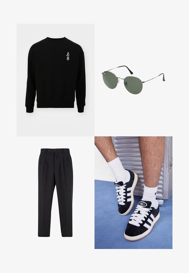 Jack & Jones JORHONOR CREW NECK UNISEX - Mikina - black; Černé kalhoty s plisovaným předním designem, vyrobené z hladké tkaniny. Obsahují zapínání na knoflík a poutka na opasek; rovný střih.; Černé semišové tenisky s bílými tkaničkami a třemi bílými pruhy. Mají kulatou černou logo na jazyku a gumovou podrážku.; Sluneční brýle s kovovým rámem a oválnými zelenými skly. Tenký stříbrný kovový rám a černé chrániče uší. Minimalistický design, žádné viditelné logo.