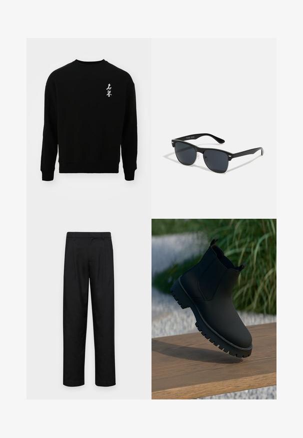 Jack & Jones JORHONOR CREW NECK UNISEX - Collegepaita - black; Mustat housut, jotka on valmistettu sileästä kankaasta, suoran lahkeen muotoilulla, kahdella etupleekillä ja tavanomaisella vyötäröllä, jossa on vyölenkit.; Musta nilkkuri, jossa on sileä pinta, joustavat sivupaneelit ja paksu, kova pohja. Aseteltu luonnolliseen taustaan puupinnalle.; Mustat aurinkolasit, joilla on suorakulmainen muoto, tummat linssit, hopeiset yksityiskohdat temppeleissä ja matta pinta kehykset.