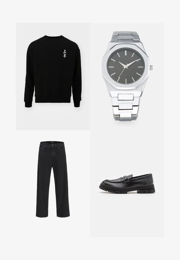 Jack & Jones JORHONOR CREW NECK UNISEX - Sweatshirt - black; Black straight-leg denim jeans with button and zipper closure, belt loops, and front and back pockets.; Black leather loafers with a smooth finish, featuring a front strap detail and a chunky rubber sole with grooved accents.; Silver analog watch with an octagonal case, gray dial, silver hour markers, and a stainless steel link bracelet. Minimalist design with smooth texture.; Set of seven silver rings featuring various designs, including twisted, linked, and engraved patterns. Different shapes and widths.