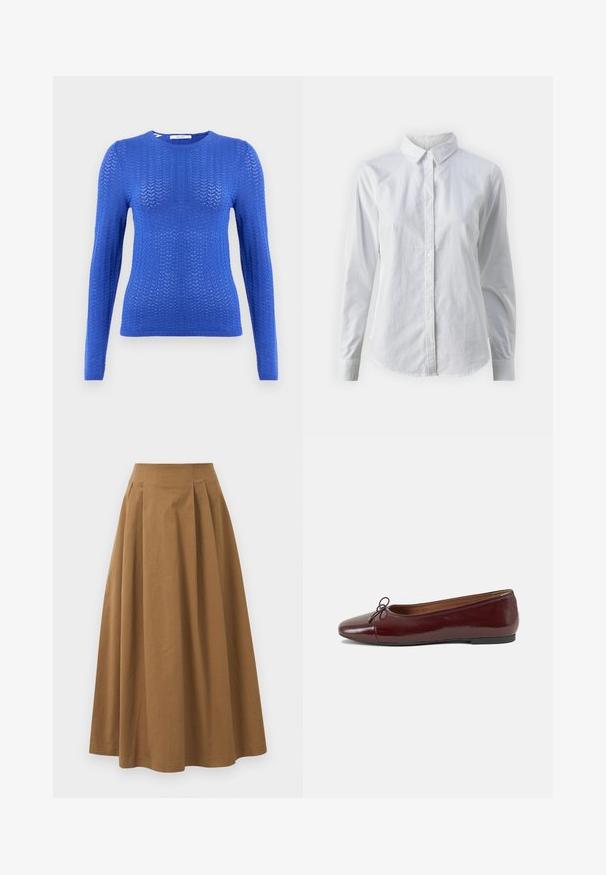 Blå stickad långärmad tröja med mönstrad textur, rund halsringning och ribbad nederkant, med en slim fit-design.; Vit skjorta med knappar, tillverkad av mjuk bomull, med klassisk krage, långa ärmar och en böjd fåll. Knapparna är små och vita.; Brun bomull A-linje kjol med hög midja, med veck ned längs framsidan och en mjuk textur. Sömmen är ren och enkel.; Burgunderfärgad lackläderballettskor med rund tå, liten rosettdekoration fram och en låg, svart gummisula. Slät textur.