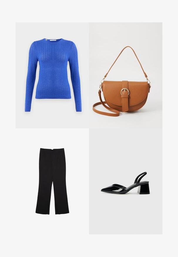 Blauer, gestrickter Pullover mit langen Ärmeln, strukturiertem Muster, rundem Halsausschnitt und ribbeligem Saum, im schlanken Schnitt.; Schwarze Hose mit geradem Schnitt, ausgestattet mit Fronttaschen und Seitenschlitzen am Saum. Hergestellt aus weichem, glattem Stoff. Geeignet für verschiedene Anlässe.; Schwarze Lackleder-Slingback-High Heels mit spitzem Schuh und einem geometrischen Blockabsatz. Verfügt über ein schlankes, minimalistisches Design und eine glatte Textur.; Braune Leder-Crossbody-Tasche mit geschwungener Form, goldfarbenen Beschlägen und einer Schnallenakzentuierung. Verfügt über einen abnehmbaren Schultergurt.