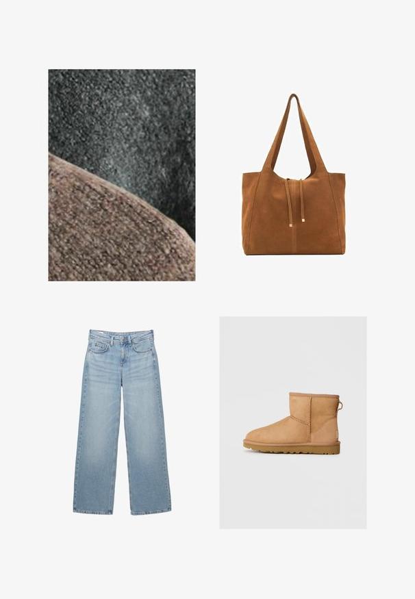 Tessuto strutturato in tonalità di grigio e marrone, con una curva liscia e una superficie leggermente vellutata. Lo sfondo presenta una texture più scura e opaca.; T-shirt bianco in cotone con maniche corte, scollo a girocollo e vestibilità comoda. Il materiale appare liscio senza motivi o grafiche visibili.; Jeans in denim azzurro chiaro a gamba larga con vita alta, cinque tasche e un lieve sbiadimento, dotati di un bottone metallico e passanti per la cintura.; Stivali ankle in suede color tan con punta tonda, dettagli cuciti, linguetta sul retro e suola in gomma texture. Progettati per comfort e calore.; Borsa a tracolla in suede marrone con due lunghe cinghie, chiusura con cordoncino e design minimalista. Texture liscia e senza elementi hardware visibili.