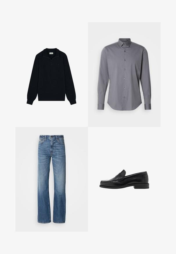 Černý zipový svetr vyrobený z měkkého materiálu, s límečkem, dlouhými rukávy a jemným logem na hrudi.; Šedá košile s dlouhým rukávem na knoflíky vyrobená z hladké bavlny. Má klasický límec a zaoblený lem s šesti tmavými knoflíky vpředu.; Modré džíny z denimu s rovnou nohavicí, vysokým pasem a jemným vyblednutím. Obsahují zapínání na knoflík a zip, a klasický pětikapsový design.; Černé kožené mokasíny s hladkým povrchem, prošíváním na špičce a nízkým podpatkem pro komfort a styl.