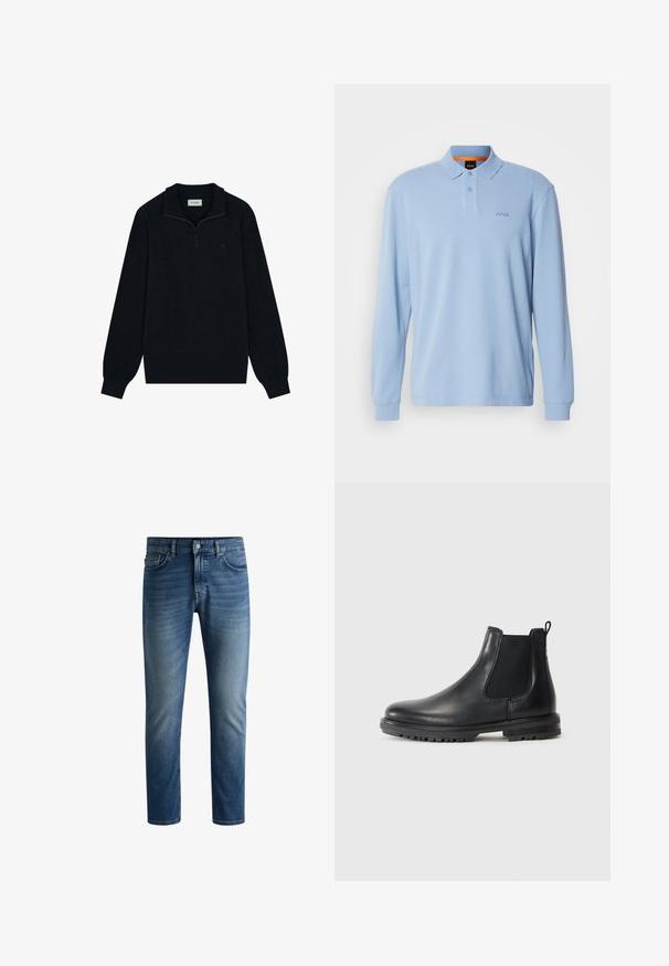 Pulover negru cu fermoar, realizat dintr-un material moale, având guler, mâneci lungi și un detaliu discret cu logo pe piept.; Polo shirt albastru deschis cu mânecă lungă, dintr-un material texturat, cu guler și deschidere cu două butoane, având logo-ul brodat "BOSS" pe piept.; Jeanși din denim albastru închis, cu croială dreaptă, design cu cinci buzunare, ușor decolorati pe coapse și închidere cu un singur nasture la talie.; Cizmă Chelsea din piele neagră, cu panouri elastice laterale, ghidaj pentru tragere, vârf rotunjit și talpă robustă cu striații pentru aderență.