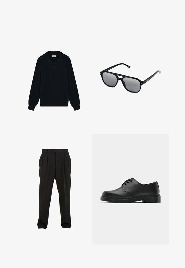 Maglione zip-up nero realizzato in materiale morbido, con collo a camicia, maniche lunghe e un discreto logo sul petto.; Pantaloni neri in tessuto morbido, con pieghe frontali, vita con bottone e polsini a gamba affusolata. Silhouette classica e sartoriale.; Scarpa oxford in pelle nera con design con lacci, punta arrotondata, suola piatta in gomma e dettagli di cucitura discreti lungo la parte superiore.; Occhiali da sole neri con montatura rettangolare, lenti grigie oscurate e design con intaglio sul ponte. Materiale plastico lucido e slanciato, con tempie sottili.