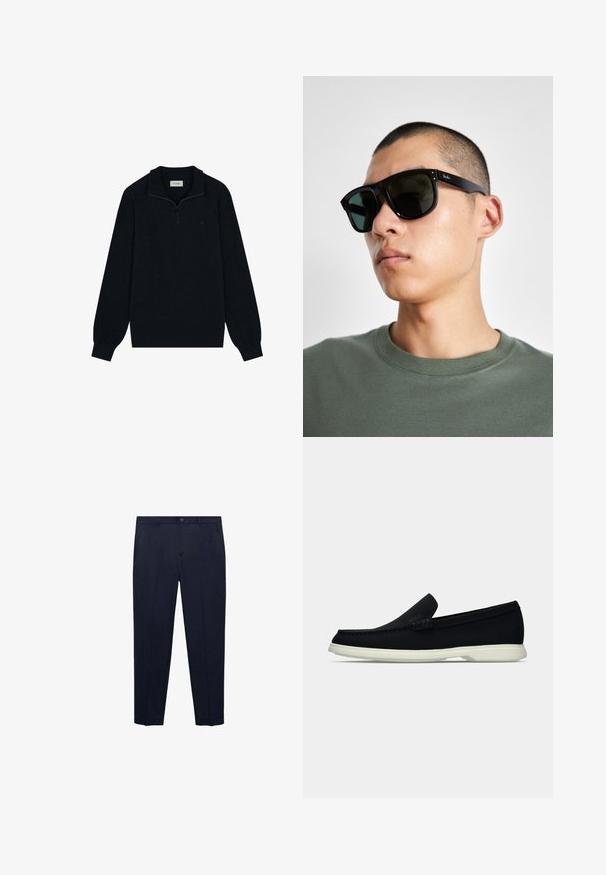 Pulover negru cu fermoar, realizat dintr-un material moale, având guler, mâneci lungi și un detaliu discret cu logo pe piept.; Pantaloni bleumarin dintr-un material neted, cu o croială dreaptă, talie standard cu un nasture și buzunare laterale subtile.; Pantof negri slip-on cu vârf rotunjit, având un superior texturat, o talpă albă netedă și un detaliu de branding subtil pe lateral.; Ochelari de soare rectangulari negri cu lentile închise, având o formă distinctivă și branding pe templu. Purtați de o persoană într-o cămașă verde.