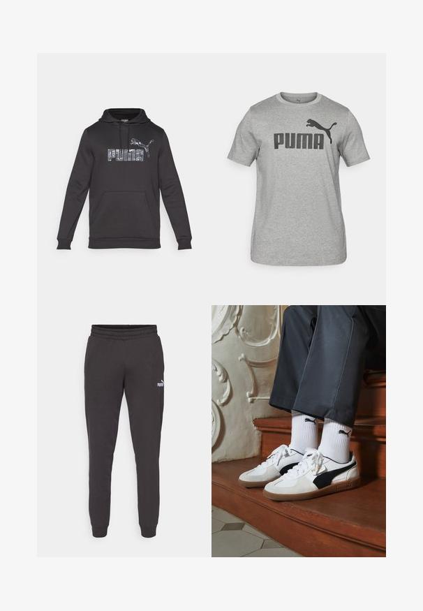 Felpa nera con cappuccio, dotata di tasca a marsupio e cordino regolabile. Logo Puma riflettente con silhouette. Maniche lunghe con polsini a coste.; T-shirt in cotone grigio con maniche corte, caratterizzato da un grande logo nero "PUMA" e un grafiche di un puma nero sulla parte anteriore. Collo rotondo.; Pantaloni da tuta grigio scuro con vita elasticizzata, gambe affusolate e un piccolo logo Puma bianco sulla coscia sinistra. Materiale in morbido misto cotone.; Sneakers Puma in suede bianco e nero, con suola in gomma marrone. Abbinati a calzini bianchi con logo nero, indossati con pantaloni scuri.