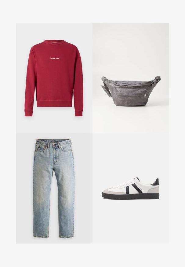 Burgundijas krāsas džemperis, kas izgatavots no kokvilnas maisījuma, ar apaļu kakla izgriezumu, ribotām piedurknēm un apakšmalu. Priekšpusē ir balta izšūta teksta frāze "Original Studio".; Gai zila denima bikses ar augstu jostasvietu, priekšējo pogu, rāvējslēdzēju un piecu kabatu dizainu, izlīdzinātas uz neitrāla fona.; Baltas sneakeris ar melniem un pelēkiem akcentiem, kuram ir teksturēts pelēks purngals, melna gumijas zole un plakanas baltas šņores. Tīrs dizains, minimālisma stils.; Pelēks zamšādas jostas somiņa ar noapaļotu formu, divām kabatām ar rāvējslēdzējiem un regulējamu siksnu. Iekļauj metāla aksesuārus.