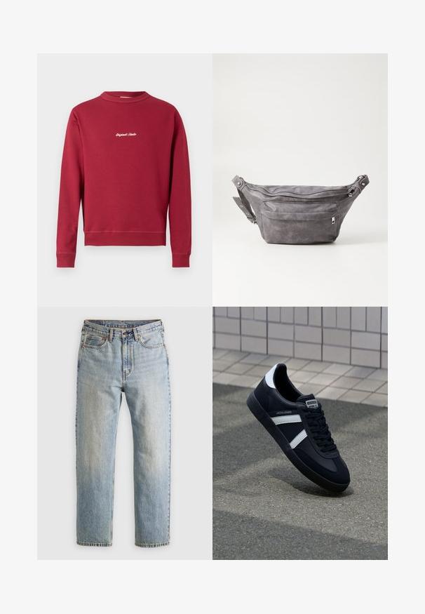 Burgundia puuvillasegusest kangast dressipluus, millel on ümmargune kaelus, soonikust varrukad ja alumine äär. Ees on valge tikandiga tekst "Original Studio".; Heledad hele sinine teksapükste kõrge vöökoht, ees nupuga, lukuga ja viie taskuga disain, asetatud tasasele neutraalsele taustale.; Must have musta sneaker musta valgete triipudega, tekstuurne kummitald ja nööridega esiosa. Omab bränditud märki keele peal.; Hallikate nahast vöö kott, millel on ümar kuju, kaks tõmblukuga taskut ning reguleeritav rihm. Varustatud metallist detailide aktsentidega.