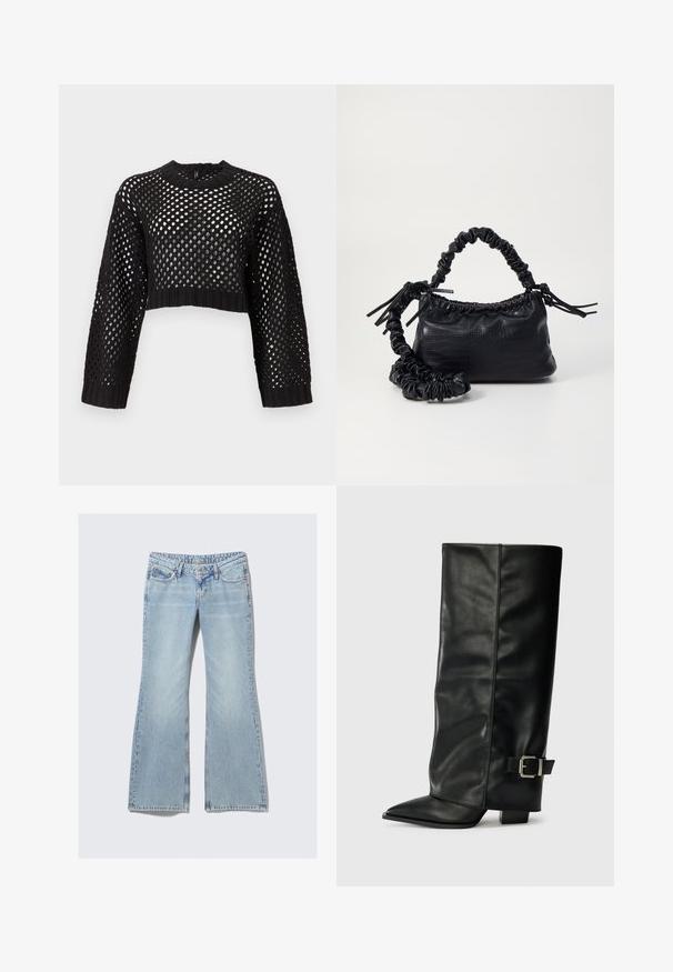 Must tikkidega must pehme kampsun, avatud võrkmustriga, pikkade varrukatega, ribadega mansettide ja äärega, ümar kaelus ja tekstureeritud pind.; Weekday NOVA - Liibuvad teksad - lip blue; Mustad musta nahast pahkluu kingad, millel on terav nina, sile tekstuur ja hõbedane pandlaaksent küljel. Tõmblukuga suur ruudukujuline konts.; Must must sünteetilisest nahast käekott, millel on krokodillimuster, kokku tõmmatav ülaosa ja kortsus rihm. Tundub pehme ja kompaktne disain.