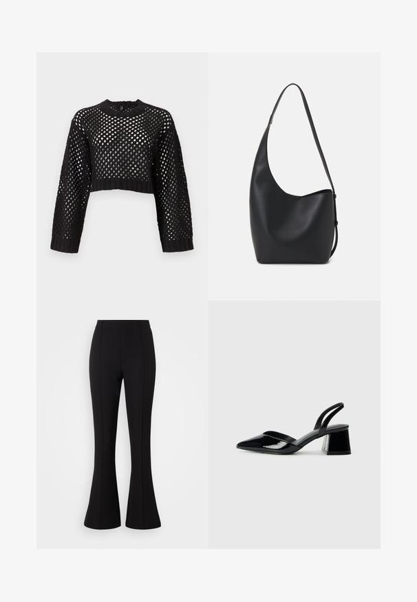Pull noir court avec un design en maille ouverte, manches longues, poignets et ourlet côtelés, présentant un col rond et une surface texturée.; Pantalons évasés noirs fabriqués en tissu extensible, avec une texture lisse, taille haute et des coutures décoratives à l'avant.; Escarpins en cuir verni noir avec bout pointu et talon bloc géométrique. Présente un design élégant et minimaliste ainsi qu'une texture lisse.; Sac hobo en cuir noir avec une texture lisse, une forme incurvée et une seule sangle réglable ; dispose d'une large ouverture en haut.