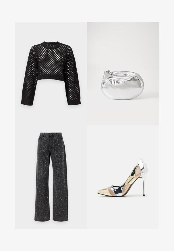 Schwarzer, verkürzter Pullover mit offener Maschenstruktur, langen Ärmeln, gerippten Bündchen und Saum, ausgestattet mit einem runden Hals und strukturiertem Oberflächendesign.; Noisy May NMJANNEL LOOSE - Jeans Relaxed Fit - black denim; Spitz zulaufender High-Heel-Schuh in einer Farbgestaltung aus Silber, Gold und Nude. Glänzende Oberfläche mit Ausschnittdesign und stiletto Absatz.; Silberne metallic Pouch-Tasche mit einer sanften, abgerundeten Form und einem geknoteten Verschluss oben. Hergestellt aus glattem Kunstleder.; Silberne Creolen mit minimalistischem Design. Rundform, glatte Oberfläche und dünnes Profil. Leichtgewichtig mit hochglänzender Oberfläche.