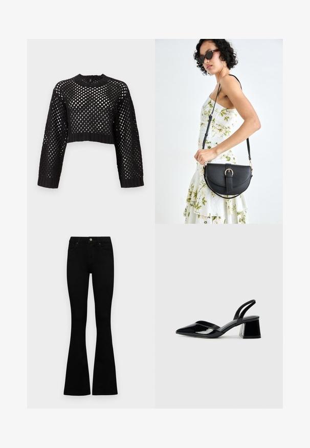 Black cropped sweater with open mesh design, long sleeves, ribbed cuffs and hem, featuring a round neck and textured surface.; Black high-waist jeans with a button and zip closure, front pockets, and flared legs laid flat on a white background.; Black patent leather slingback heels with a pointed toe and a geometric block heel. Features a sleek, minimal design and smooth texture.; Black leather handbag with a curved shape, detachable strap, and gold hardware. The bag features a flap with a buckle detail.