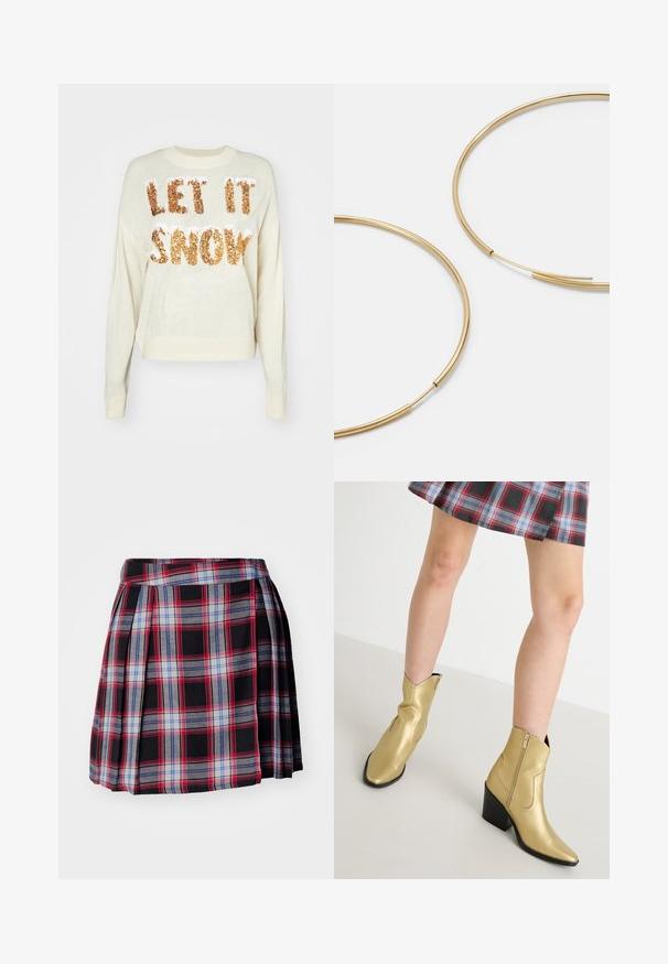 Cream sweater with the text "LET IT SNOW" in sparkling gold sequins, featuring a crew neckline and ribbed cuffs and hem.; Black plaid skirt featuring red, blue, and gray check patterns, with pleats and a flat waistband for a structured fit. Soft fabric texture.; Gold metallic ankle boots with pointed toes, zip closure, and a block heel. Smooth texture with stitched accents and a classic shape.; Gold-colored hoop earrings, thin and round in shape, with a smooth metallic finish and no embellishments or patterns.