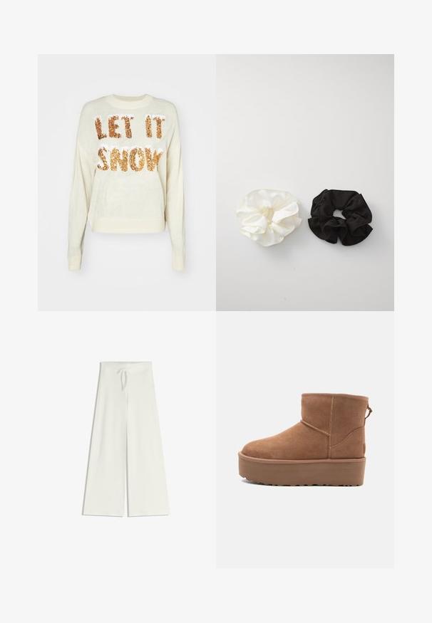 Pulover crem cu textul "LĂSAȚI SĂ NINGĂ" din paiete aurii strălucitoare, dotat cu guler rotund și manșete și tiv ribbate.; Pantaloni albi cu picioare largi dintr-un material tricotat moale, având un elastic în talie cu șnur pentru ajustare. Textură netedă, fără modele.; Botine din suede de culoare bej, cu talpă platformă, vârf rotund și detalii de cusătură; dispune de un mânere la spate pentru a fi ușor de încălțat.; Două elastice din satin, unul alb și unul negru, cu un design volan și textură netedă, expuse pe un fundal alb simplu.