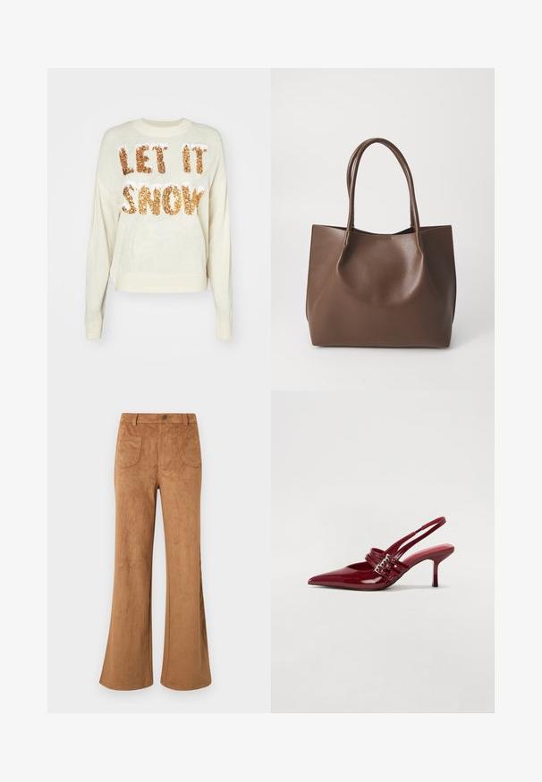 Cream sweater with the text "LET IT SNOW" in sparkling gold sequins, featuring a crew neckline and ribbed cuffs and hem.; Brown suede flared pants featuring a high waist, front and back pockets, and a smooth texture. Designed for a relaxed fit throughout the leg.; Red patent leather slingback heels with a pointed toe, two buckle straps, and a slim, mid-height stiletto heel. Smooth texture.; Brown leather tote bag with two long handles, structured shape, smooth texture, and minimalistic design. No visible hardware or accents.