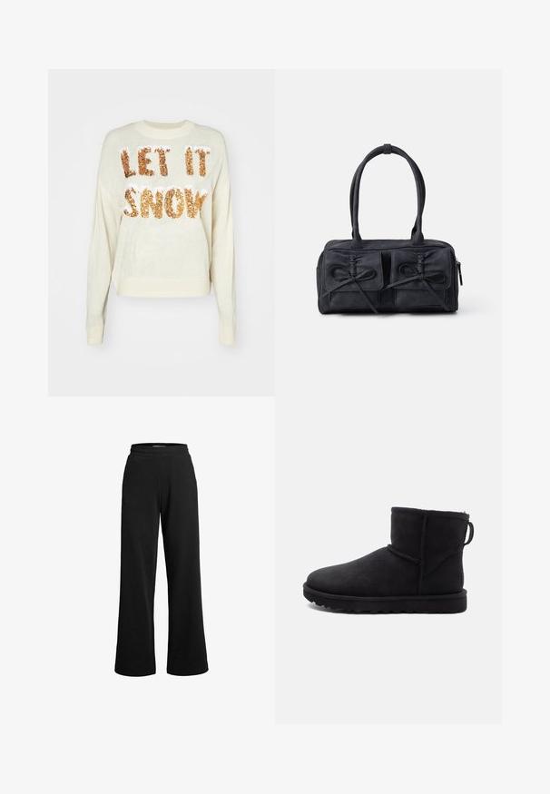 Krém színű pulóver, amelyen a "HAGYJUK HAVAZNI" szöveg csillogó arany flitterekkel van díszítve, kerek nyakkivágással és bordás mandzsettával, valamint alján.; Fekete melegítőnadrág, széles lábbal, puha anyagból készült. Rugalmas derékpánttal és minimális varrásokkal rendelkezik a kényelem érdekében.; Fekete nubuk bokacsizma kerek orral, birkával bélelt béléssel és lapos gumitalppal. Oldalsó varrással és hátsó húzófüllel rendelkezik.; Fekete szövet kézitáska, két elülső zsebből készült, masni részletekkel, dupla füllel és cipzáros záródással. Puha tapintású, téglalap alakú.