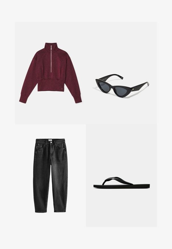 Burgundijska skrajšana kapuca s visokim ovratnikom, polnim zadrgo in ohlapnimi rokavi. Tkanina ima rahlo sijoč videz in mehak otip.; Črne dnevne kavbojke z ravnim krojem, petimi žepi in gumbom za zapiranje. Imajo rahlo zbledelost in podrobnosti pri šivanju. Ohlapen dizajn.; Črne gumijaste japonke s teksturirano thong naramnico in preprostim ravnim podplatom, prikazane s strani na enobarvni svetli podlagi.; Sončna očala v obliki mačjih očes z sijajnim črnim plastičnim okvirjem, temnimi lečami in zlatimi detajli na templjih. Angularen dizajn s prefinjenimi linijami.; Črna pletena usnjena torbica s ukrivljenim oblikom, opremljena s širokim ročajem in zadrgo za zapiranje. Teksturirana površina z sijočim zaključkom.