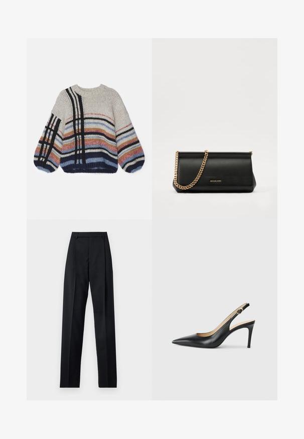 MUNTHE TAFFIE - Pullover - ivory; Pantalon noir en tissu lisse avec taille haute, jambes larges, plis à l'avant et passants de ceinture classiques. Pas de poches latérales visibles.; Escarpins en cuir noir avec une pointe fine, une bride ajustable et un talon aiguille élégant, présentant une finition lisse.; Sac à main en cuir noir avec une bandoulière en chaîne dorée, présentant une texture lisse, une forme rectangulaire et une marque embossée à l'avant.