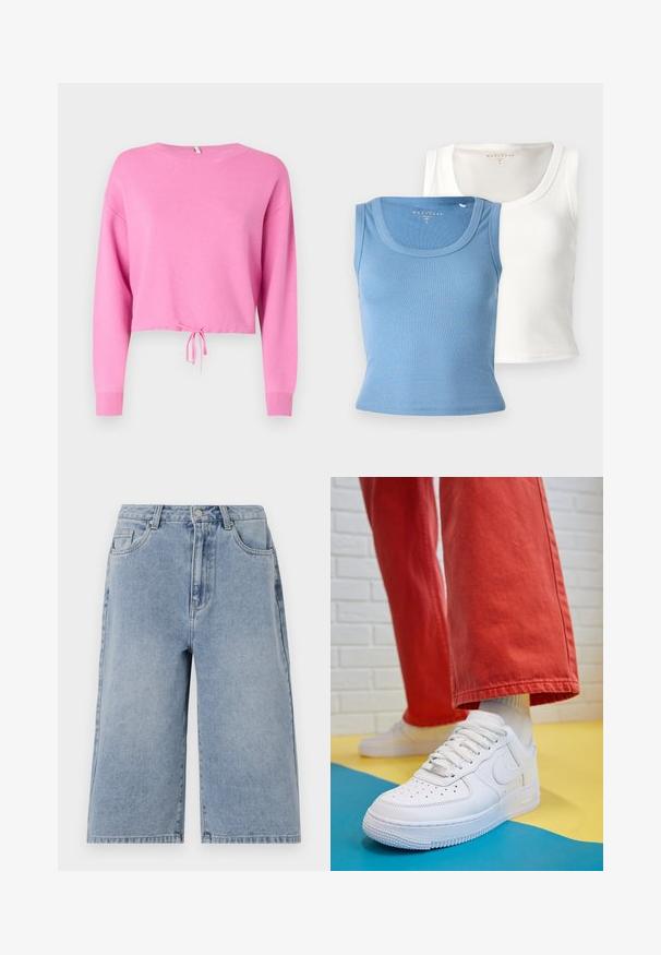 Pink cropped sweater with long sleeves, made of textured knit material, featuring a drawstring tie at the hem and a wide neckline.; Two ribbed tank tops: one light blue and one white. Each features a rounded neckline and a fitted silhouette, emphasizing the fabric's texture.; Light blue denim shorts with a loose fit, mid-rise waist, and visible stitching. Features side and back pockets, and a button closure.; White leather sneaker with perforated toe box, textured sole, and white laces, paired with wide red pants and a blue and yellow background.