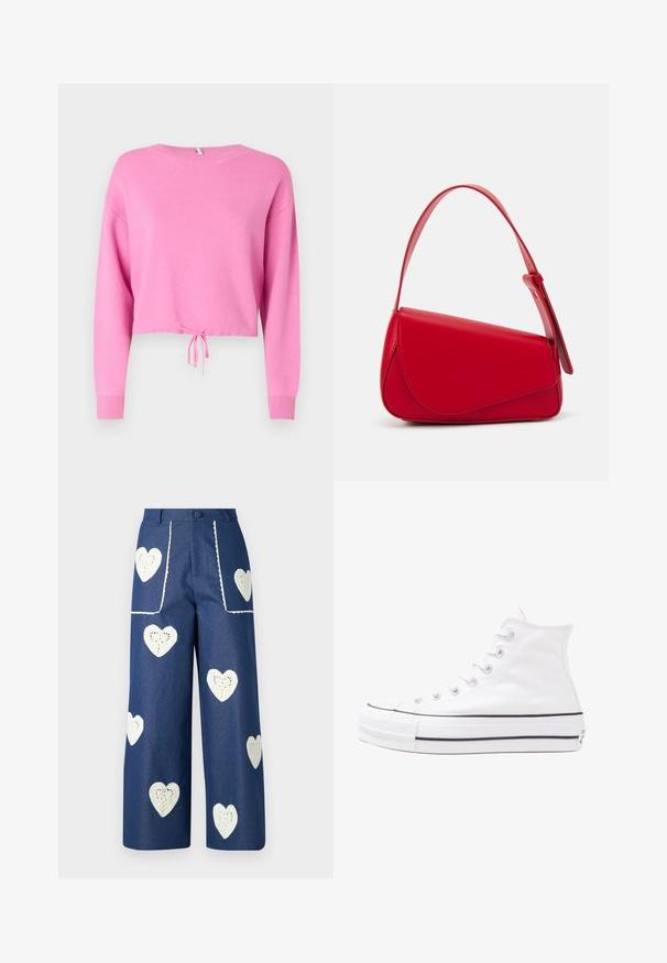 Roze cropped sweater met lange mouwen, gemaakt van textuurgebreid materiaal, met een trekkoord aan de onderkant en een brede halslijn.; Sister Jane HEART TO HEART - Straight leg jeans - blue denim; Witte high-top canvas sneakers met een zwarte rubberen zool, een rubberen neuskap aan de voorkant en zes gaatjes voor veters, met een schone, minimalistische uitstraling.; Rode leren handtas met een hoekig, geometrisch ontwerp. Beschikt over een enkele verstelbare schouderriem en een klepclosure met gestikte details.