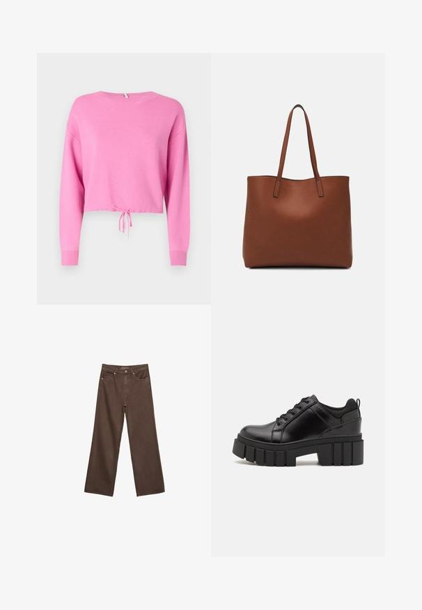 Różowy krótki sweter z długimi rękawami, wykonany z materiału o teksturowanym splocie, z wiązaniem ze sznurkiem na dolnym brzegu i szerokim dekoltem.; Szerokie brązowe dżinsy wykonane z denimu, z wysokim stanem, przednimi kieszeniami i klasycznym zapięciem na guzik. Gładka faktura z subtelnym przeszyciem.; Czarne skórzane buty na platformie z masywnym słupkowym obcasem, okrągłym noskiem i klasycznym sznurowaniem. Posiadają gładką teksturę i minimalne wykończenia.; Brązowa skórzana torba tote o gładkiej fakturze, z otwartym wierzchem i dwoma ramiączkami. Charakteryzuje się minimalnym przeszyciem i brakiem widocznych elementów metalowych.
