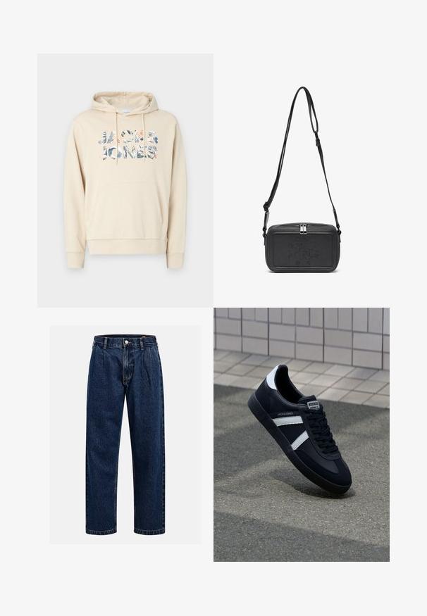 Bežinė liemenė su kengūros kišenėmis ir su raišteliais reguliuojama kapuce. Pasižymi daugiaspalve grafine užrašu "JACK & JONES" tropinio dizaino.; Tamsiai mėlynos džinsinės kelnės su tiesiu sijonu. Savybė - matoma siūlė, mygtuko uždarymas ir priekinei daliai raukiniai, suteikiantys papildomą detales.; Juodas odinis sportinis batelis su baltais dryžiais, tekstūruota gumine padais ir raišteliais priekyje. Yra prekės ženklą žymintis etiketė ant liežuvio.; Juodas odinis per petį nešiojamas krepšys su užtrauktuku, iškilniu logotipu priekyje ir reguliuojama dirželiu. Lygus paviršius, stačiakampio formos.