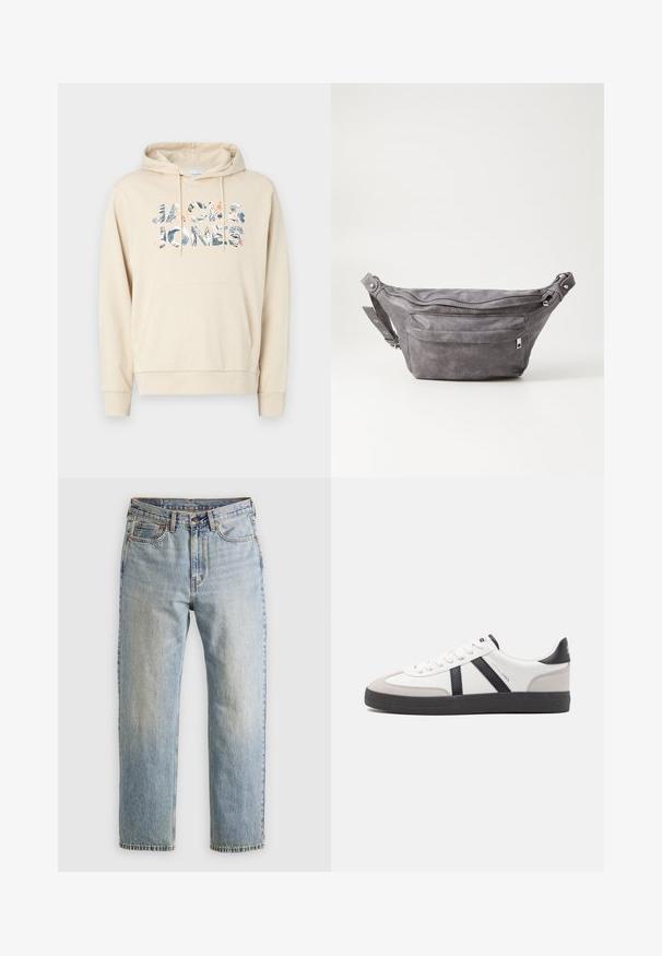 Beige Kapuzenpullover mit Kängurutasche und verstellbarem Kapuzenzug. Mit einem mehrfarbigen grafischen Text "JACK & JONES" im tropischen Design.; Helle blaue Jeans mit hoher Taille, Frontknopf, Reißverschluss und fünf Taschen-Design, flach auf einem neutralen Hintergrund ausgelegt.; Weiße Sneaker mit schwarz- und grau-aczenten, ausgestattet mit einer strukturierten grauen Zehenkappe, schwarzer Gummi-Sohle und flachen weißen Schnürsenkeln. Sauberes Design, minimalistische Stil.; Graue Wildleder-Gürteltasche mit runder Form, zwei mit Reißverschluss verschlossenen Fächern und verstellbarem Trageriemen. Mit metallischen Hardware-Akzenten.